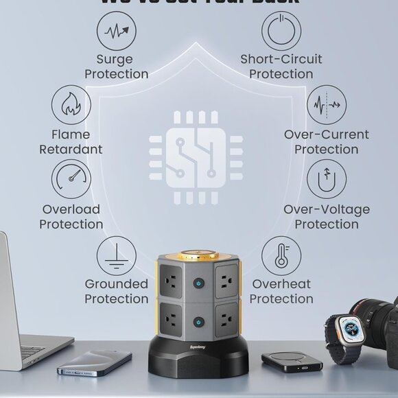 Power Strip Tower with 15W Wireless Charger, 6.5Ft Retractable Extension Cord, 1 - Picture 6 of 7